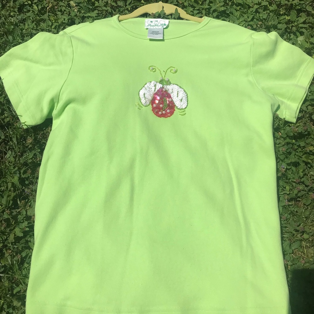 Lime green top with ladybug sequins